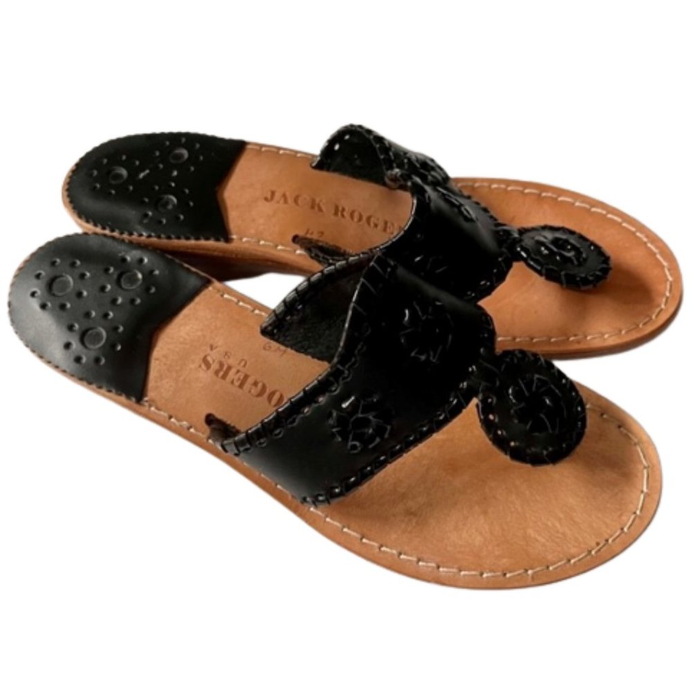 Jack Rogers Wedge Low Heel Sandals - Black Leather - 6M